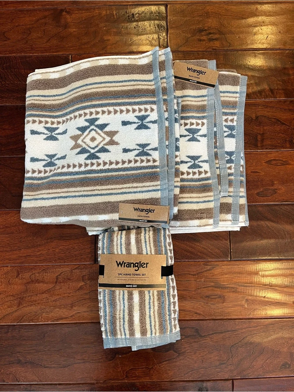 Wrangler Quick Dry Blue, Tan & White Southwestern Stripe Bath and Hand Towels